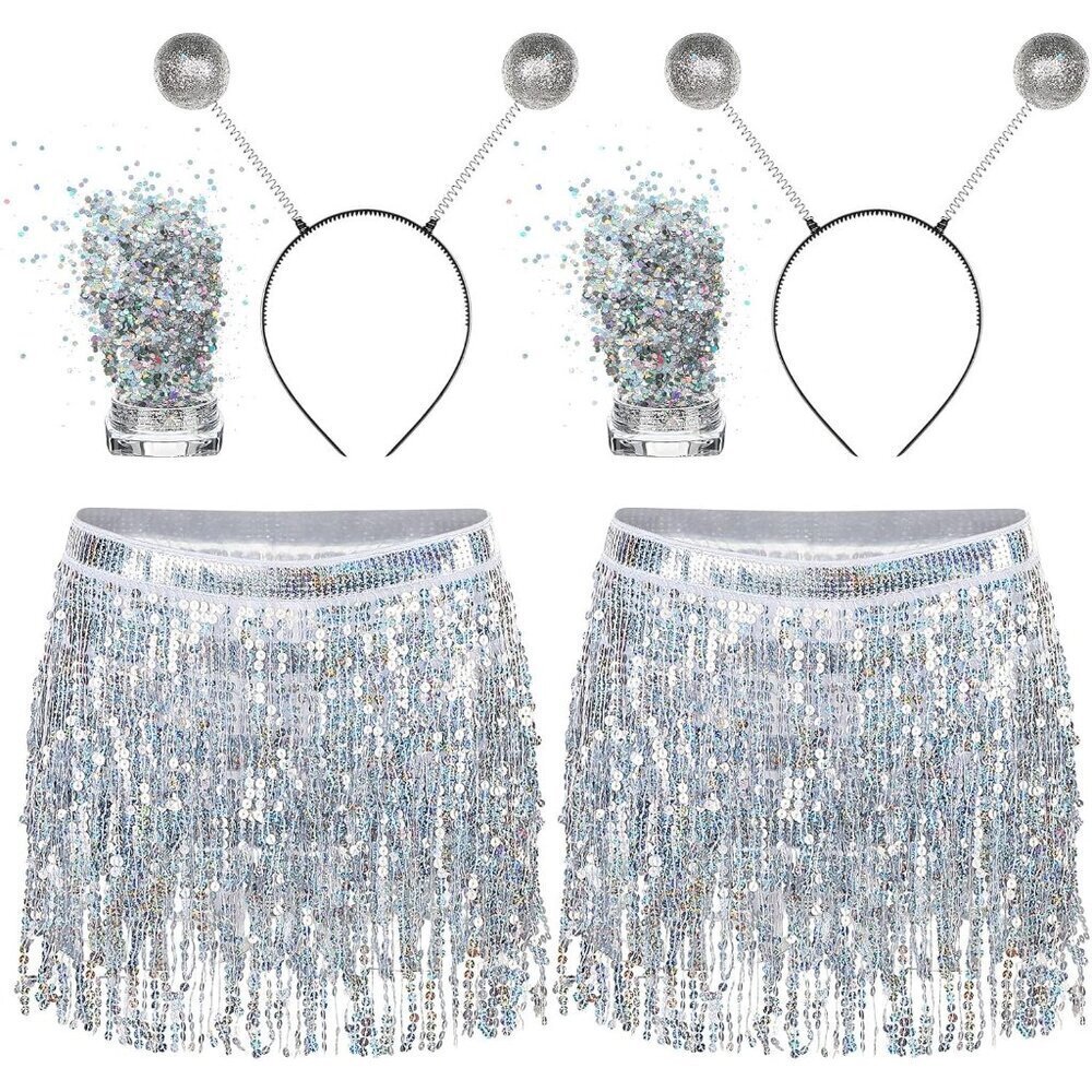 Women Alien Costume Accessories 6pcs Silver Sequin Skirt Headband Rave Party